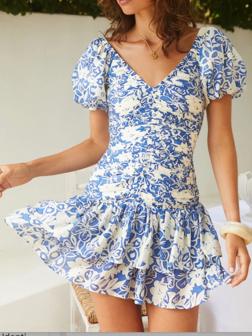 Blue and White Floral Puff-Sleeve Mini Dress